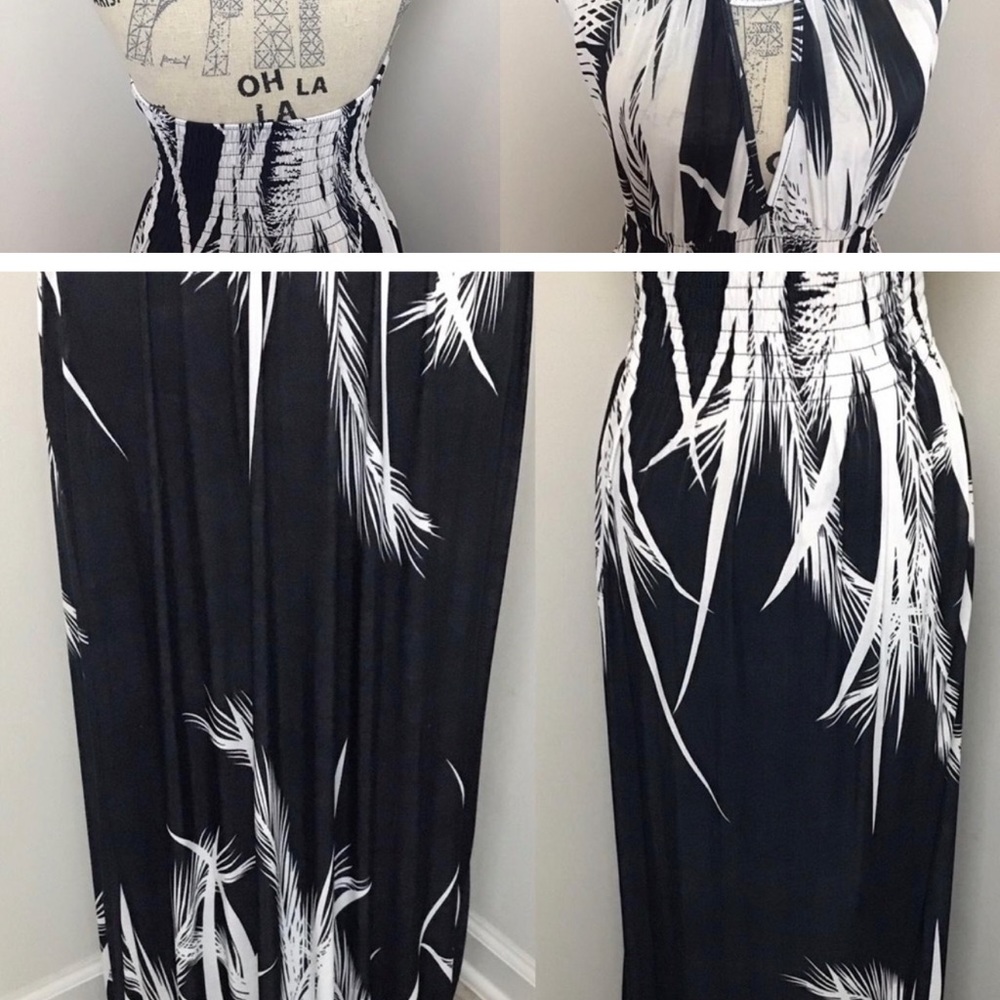 Women’s Black White Print Halter Maxi Dress with Silver Pendant on neck - Picture 3 of 3